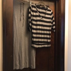 Gray maxi skirt with matching strip shirt.